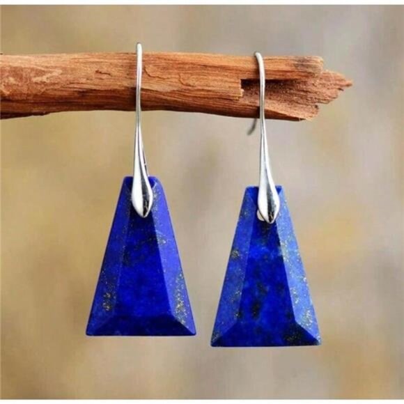 Natural Real Lapis Lazuli Handmade Women Healing Stress Relief Dangle Earrings - Picture 5 of 5